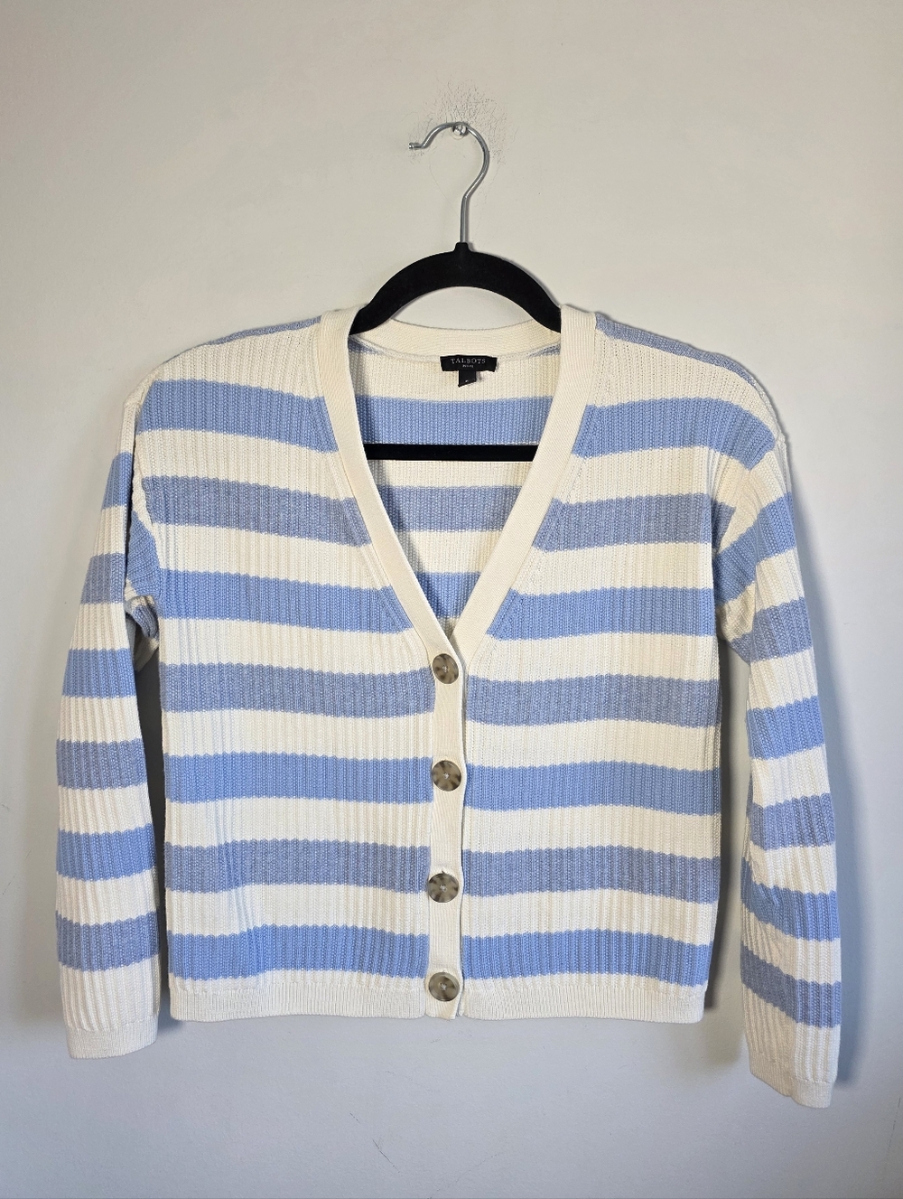 Talbots Petite Striped Cardigan Blue White Cropped Knit Button Front Size P
